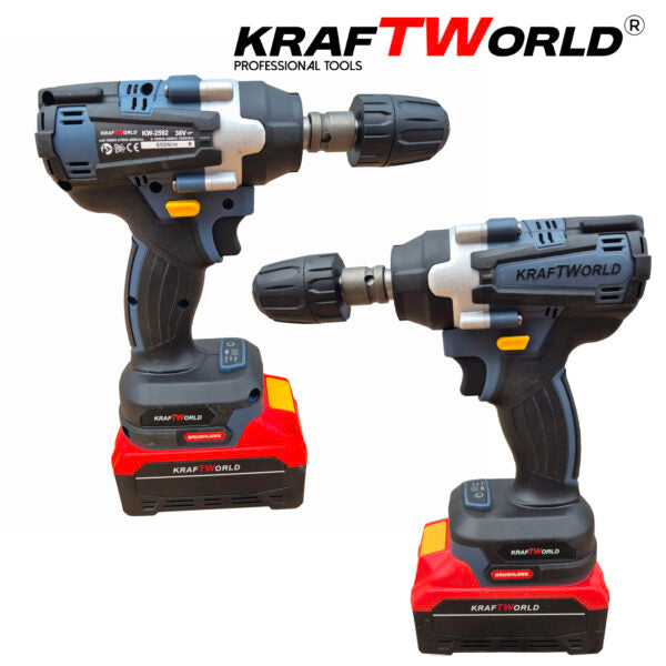Комплект 4в1 KraftWorld Безчеткови Машини Гайковерт-винтоверт, Ъглошлайф и Перфоратор