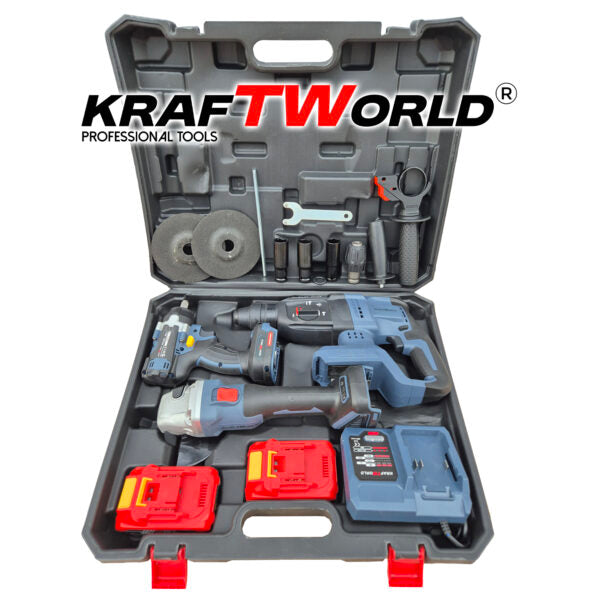 Комплект 4в1 KraftWorld Безчеткови Машини Гайковерт-винтоверт, Ъглошлайф и Перфоратор