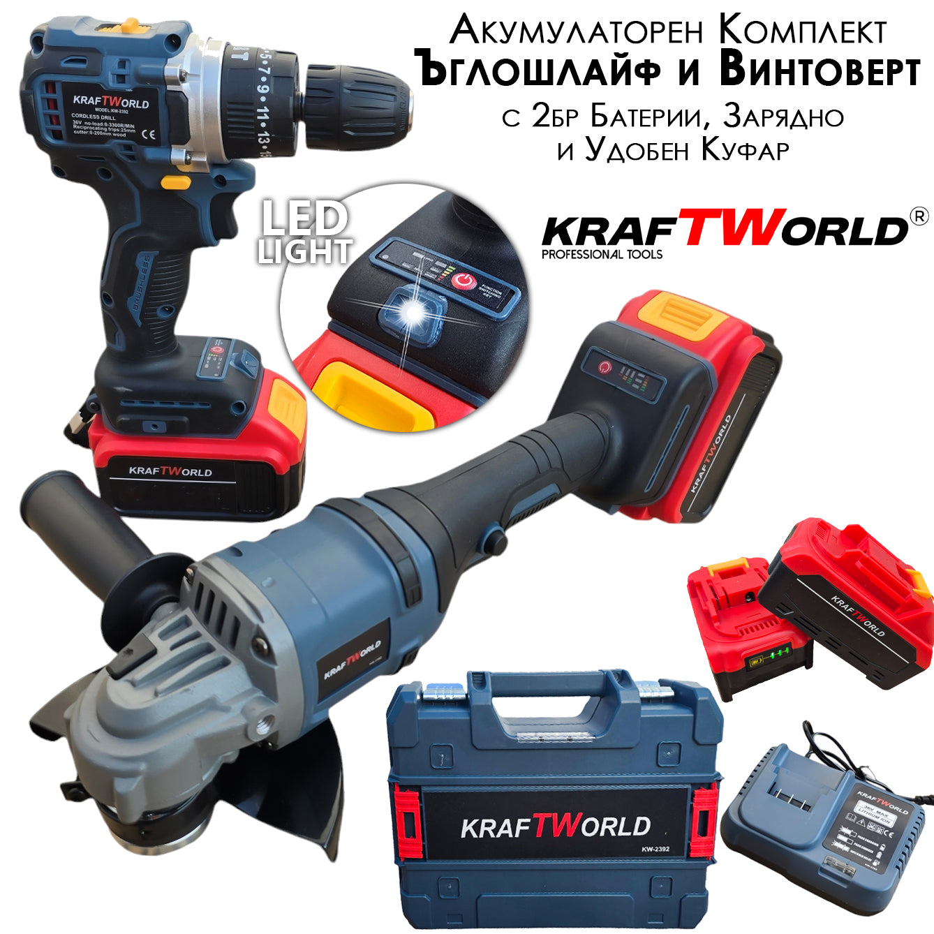 Акумулаторен комплект KraftWorld 5в1 – Лазерен Нивелир, Гайковерт – Винтоверт, Перфоратор, Ъглошлайф