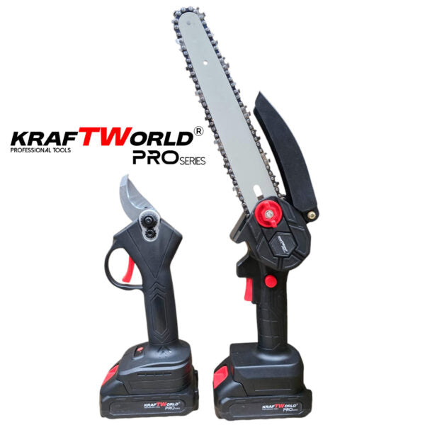 KraftWorld Акумулаторен Комплект – Мини Резачка 15см и 20см и Лозарска Ножица с 2бр Батерии в Един Куфар