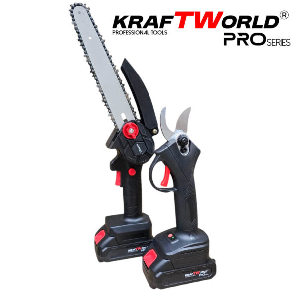 KraftWorld Акумулаторен Комплект – Мини Резачка 15см и 20см и Лозарска Ножица с 2бр Батерии в Един Куфар