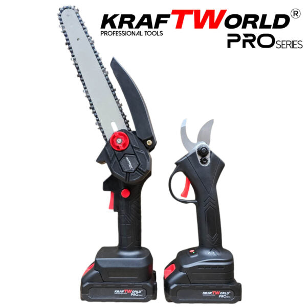 KraftWorld Акумулаторен Комплект – Мини Резачка 15см и 20см и Лозарска Ножица с 2бр Батерии в Един Куфар