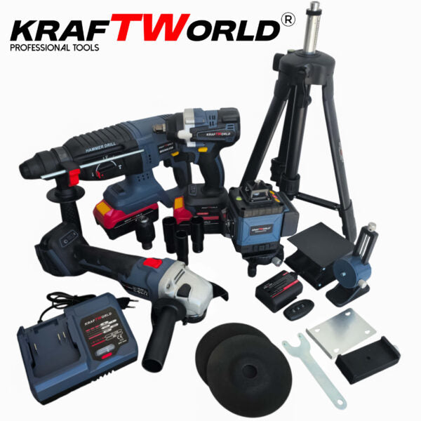 Акумулаторен комплект KraftWorld 5в1 – Лазерен Нивелир, Гайковерт – Винтоверт, Перфоратор, Ъглошлайф