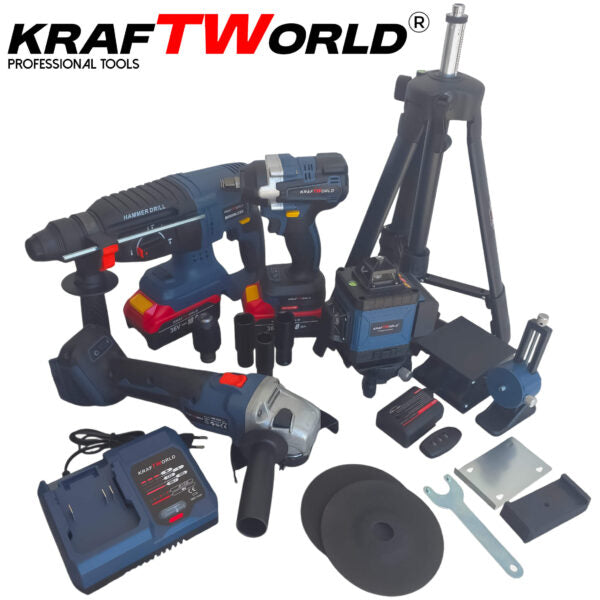 Акумулаторен комплект KraftWorld 5в1 – Лазерен Нивелир, Гайковерт – Винтоверт, Перфоратор, Ъглошлайф