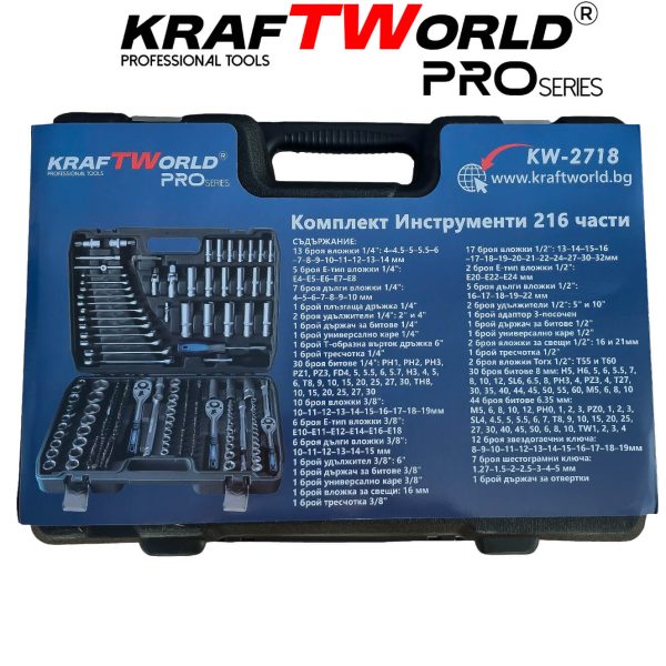 Професионално гедоре 216 части KraftWorld PRO Series – с ключове 8-19мм и тесчотки 1/2, 3/8, 1/4