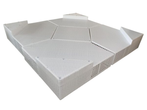 Луксозен Градински Сет Monaco: бял ратан с 4 модула и табуретка/маса с тъмносиви възглавници