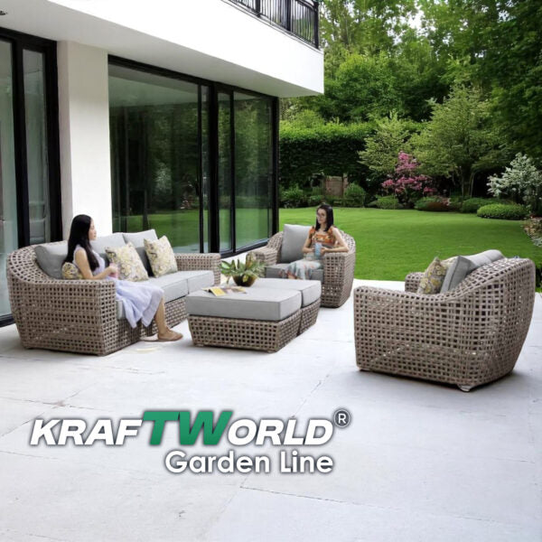 Градински комплект Casablanca: луксозен ратанов диван, 2 кресла и 2 табуретки/маса с възможност за различна подредба