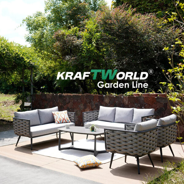 Градински комплект Catania: диван, 2 кресла и маса със стъклен плот и алуминиева рамка