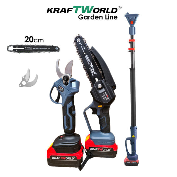 3в1 Акумулаторен Градински Комплект KraftWorld – Резачка, Ножица и Телескопичен Прът