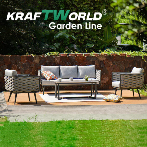 Градински комплект Catania: диван, 2 кресла и маса със стъклен плот и алуминиева рамка