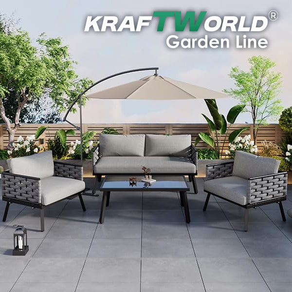 Луксозен Градински комплект Ibiza: диван, 2 кресла и маса с алуминиева рамка и възглавници