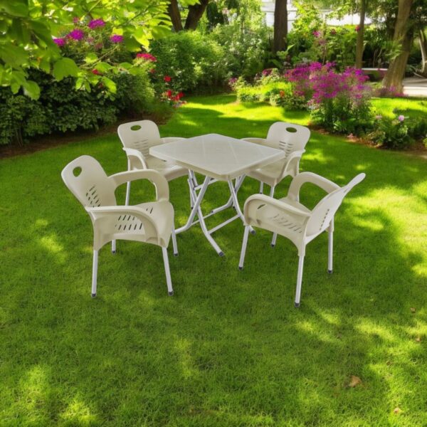 Сгъваема маса 80х80 + 4 удобни стола с подлакътници – за двор, балкон, тераса