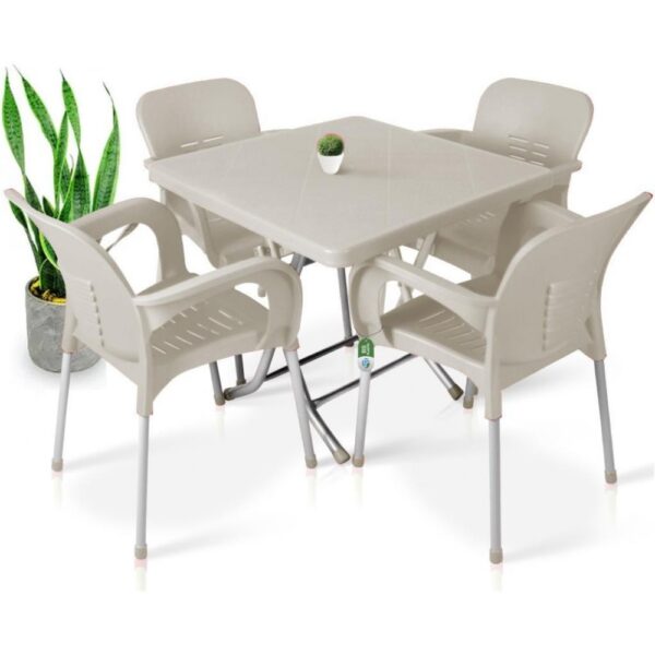 Сгъваема маса 80х80 + 4 удобни стола с подлакътници – за двор, балкон, тераса