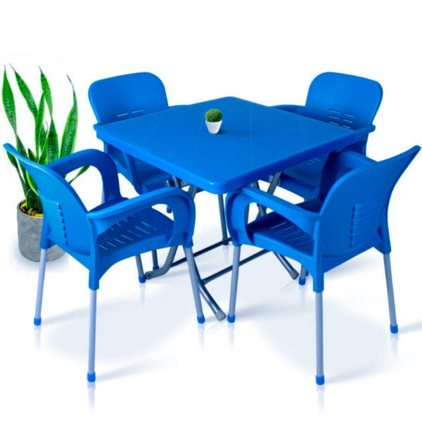 Сгъваема маса 80х80 + 4 удобни стола с подлакътници – за двор, балкон, тераса