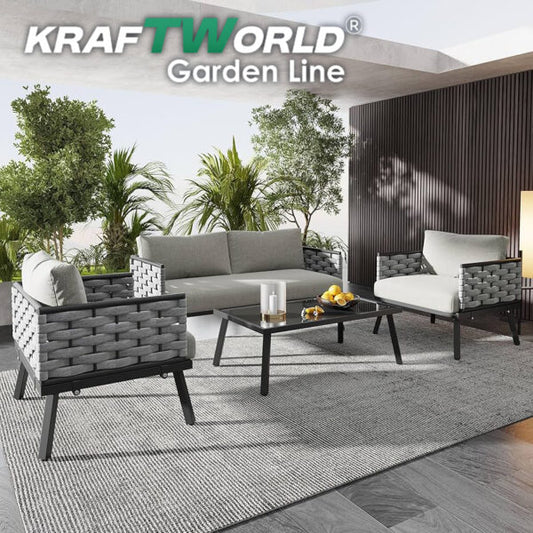 Луксозен Градински комплект Ibiza: диван, 2 кресла и маса с алуминиева рамка и възглавници