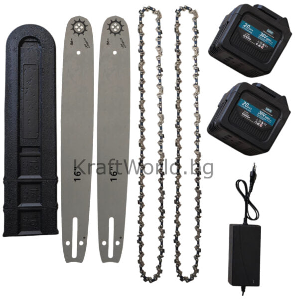 Акумулаторна Резачка за Дърва 40 см с Двойна Батерия, 2 Шини и 2 Вериги