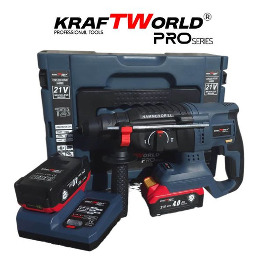 Акумулаторен перфоратор Kraftworld Pro– 21V, 4.0Ah, безчетков мотор, 2 батерии
