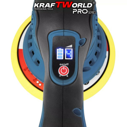 Акумулаторна ексцентрична полирмашина Ø150 мм KraftWorld 21V с 2 батерии и аксесоари