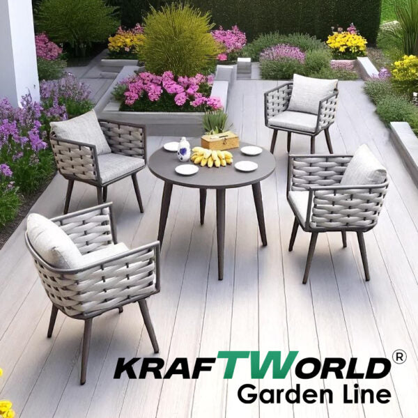 Градински комплект Amalfi: 4 алуминиеви стола с възглавници + маса Ø90 см