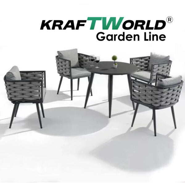 Градински комплект Amalfi: 4 алуминиеви стола с възглавници + маса Ø90 см