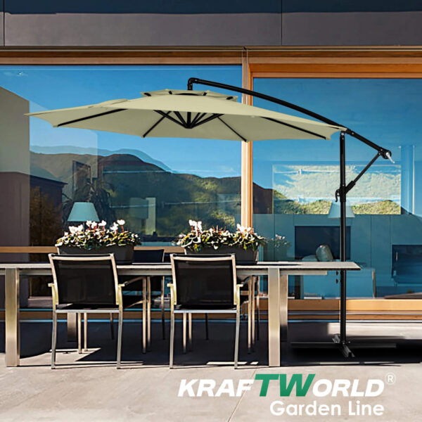 Висящ градински чадър Monaco 3м KraftWorld | Соларено LED осветление | Бежов Лукс | 220g/m²