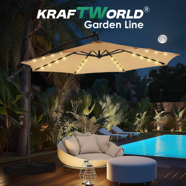 Висящ градински чадър Monaco 3м KraftWorld | Соларено LED осветление | Бежов Лукс | 220g/m²
