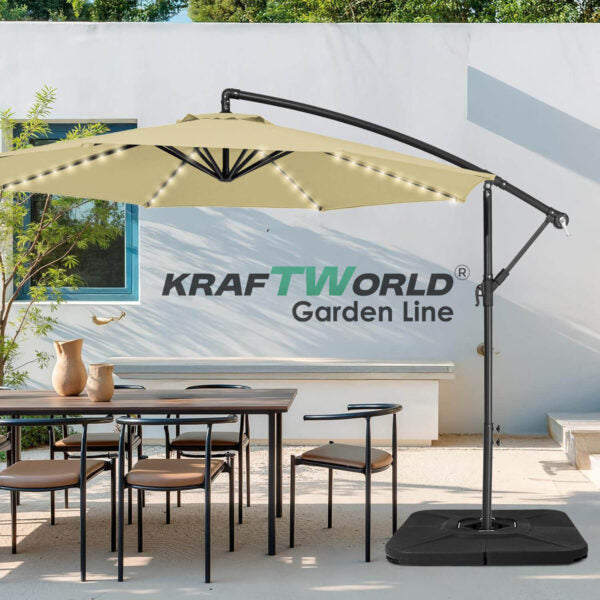 Висящ градински чадър Monaco 3м KraftWorld | Соларено LED осветление | Бежов Лукс | 220g/m²