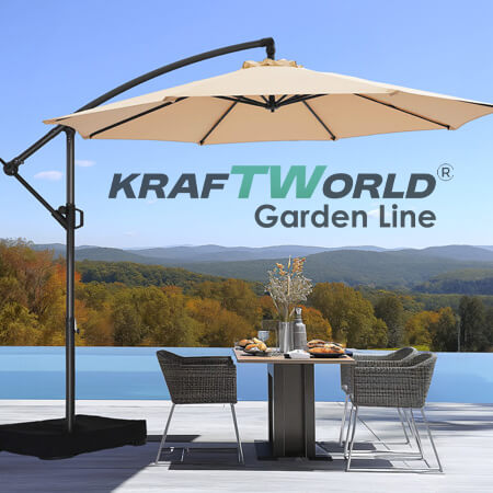 Висящ градински чадър Monaco 3м KraftWorld | Соларено LED осветление | Бежов Лукс | 220g/m²