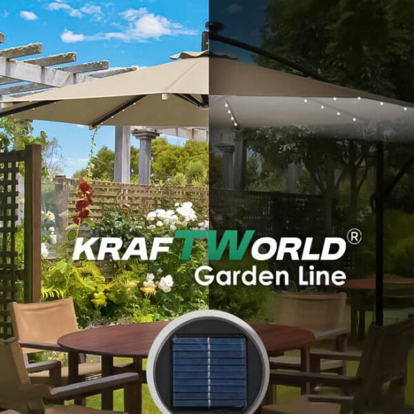 Висящ градински чадър Monaco 3м KraftWorld | Соларено LED осветление | Бежов Лукс | 220g/m²
