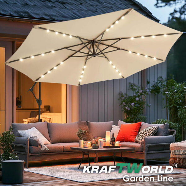 Висящ градински чадър Monaco 3м KraftWorld | Соларено LED осветление | Бежов Лукс | 220g/m²