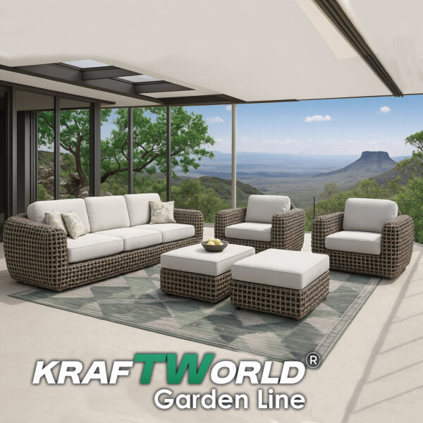 Градински комплект Casablanca: луксозен ратанов диван, 2 кресла и 2 табуретки/маса с възможност за различна подредба