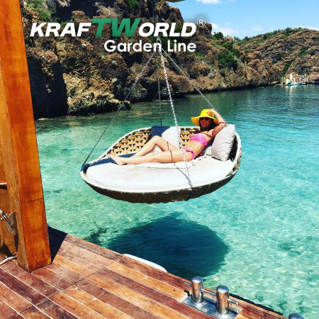 Градинско ратаново легло/люлка Cancun: Ø160 см с възглавници и масичка