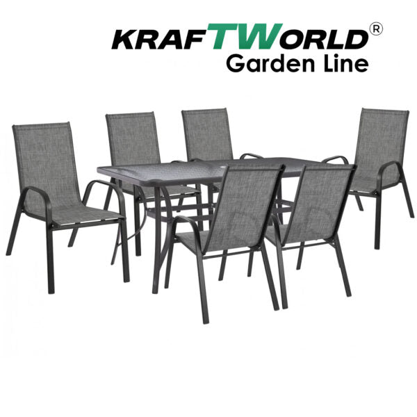 Метален Градински сет Napoli 7 части – Маса с Термо Стъкло и 6 Текстилни Стола