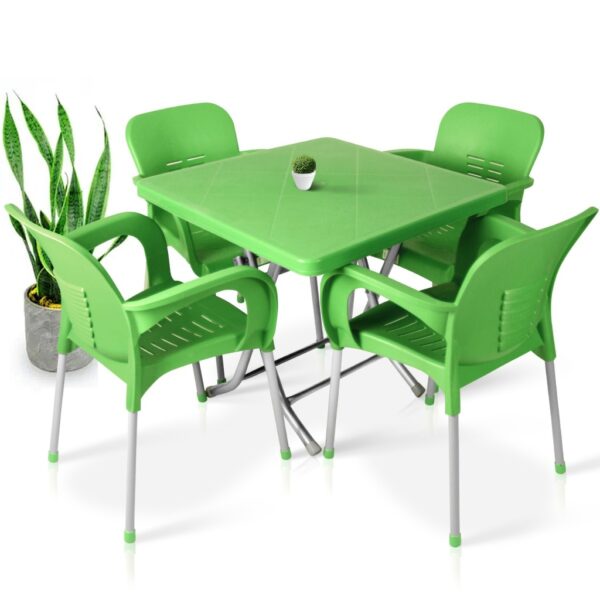 Сгъваема маса 80х80 + 4 удобни стола с подлакътници – за двор, балкон, тераса