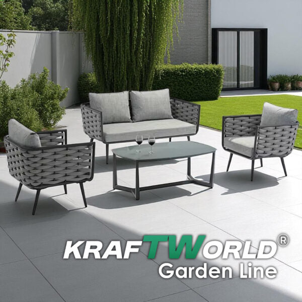 Градински комплект Catania: диван, 2 кресла и маса със стъклен плот и алуминиева рамка