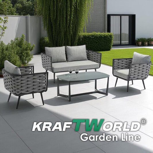 Градински комплект Catania: диван, 2 кресла и маса със стъклен плот и алуминиева рамка