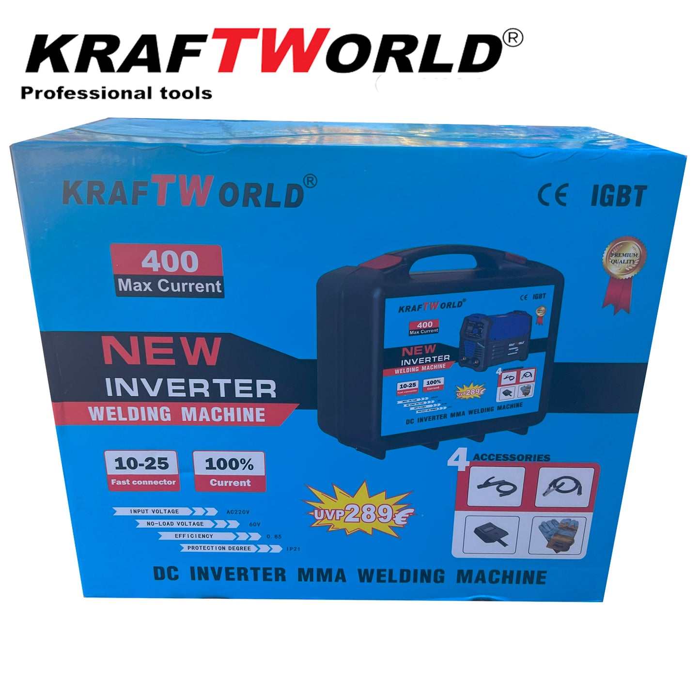 Инверторен Електрожен 400А KraftWorld + Соларни Очила – с Дисплей, Куфар, Кабели, Маска, Чукче