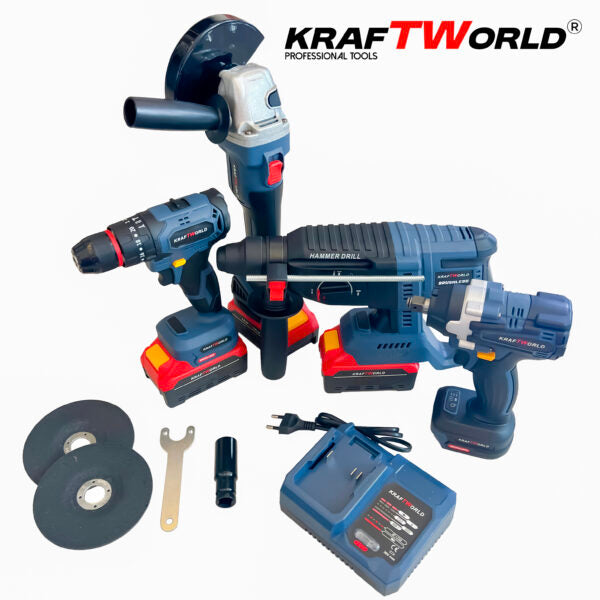 Комплект Акумулаторни Безчеткови Машини 4в1 от Kraftworld Ъглошлайф,Гайковерт,Винтоверт и Перфоратор