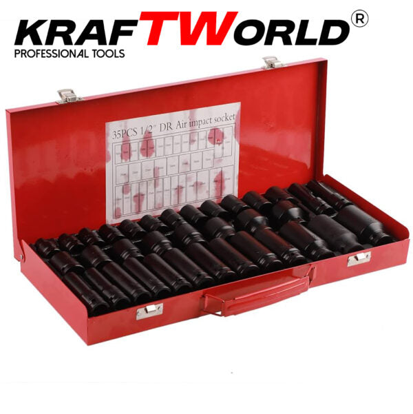 Комплект ударни вложки 35 части KraftWorld – 1/2″, 8–32 мм, шестостенни