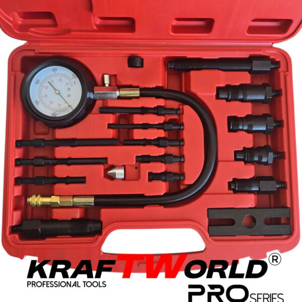 Комплект за измерване на компресия на дизелови двигатели KraftWorld Pro (17 части)