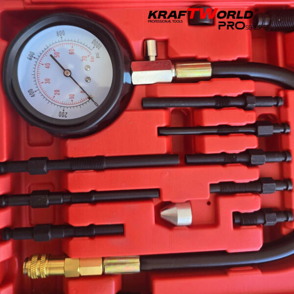 Комплект за измерване на компресия на дизелови двигатели KraftWorld Pro (17 части)