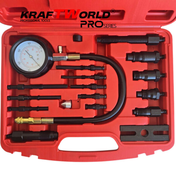 Комплект за измерване на компресия на дизелови двигатели KraftWorld Pro (17 части)