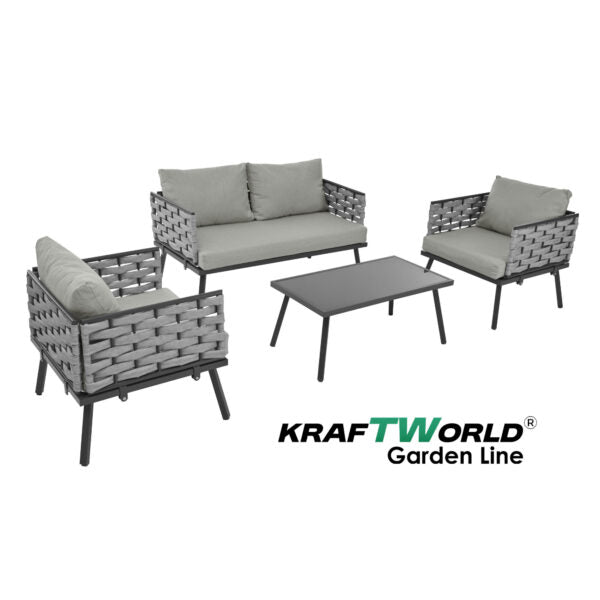 Луксозен Градински комплект Ibiza: диван, 2 кресла и маса с алуминиева рамка и възглавници