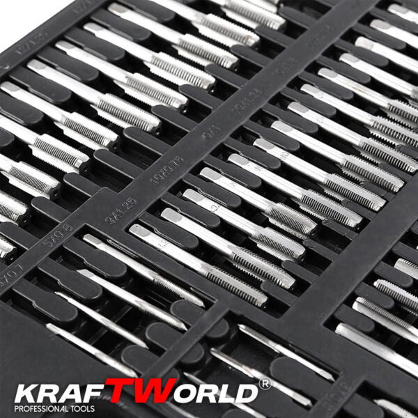 Комплект 110 части за резба KraftWorld | Метчици и плашки в куфар