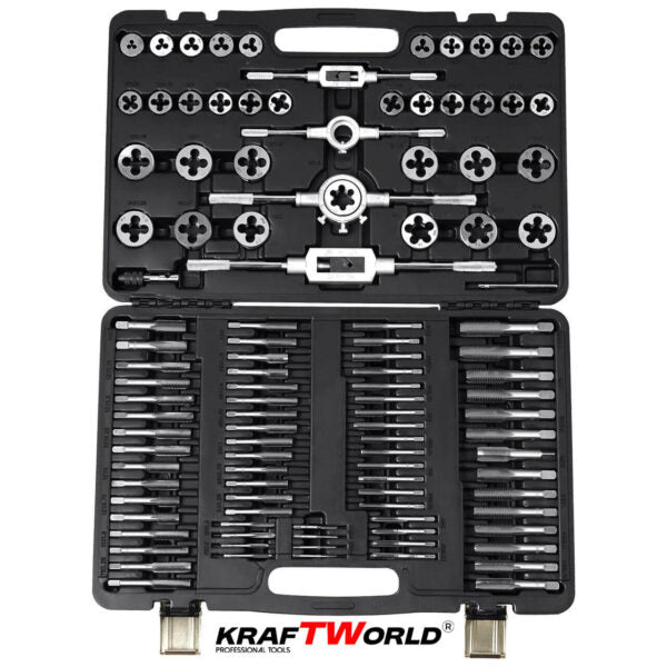 Комплект 110 части за резба KraftWorld | Метчици и плашки в куфар