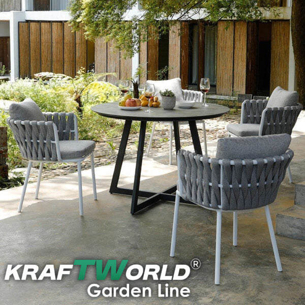 Градински комплект Рига: 4 алуминиеви стола с възглавници + маса Ø90 см