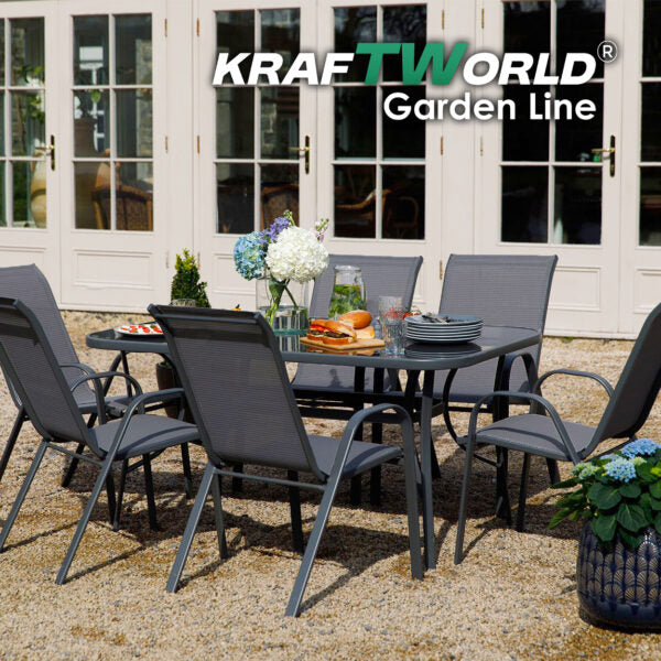 Метален Градински сет Napoli 7 части – Маса с Термо Стъкло и 6 Текстилни Стола