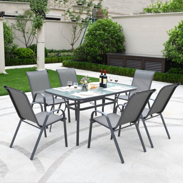Метален Градински сет Napoli 7 части – Маса с Термо Стъкло и 6 Текстилни Стола