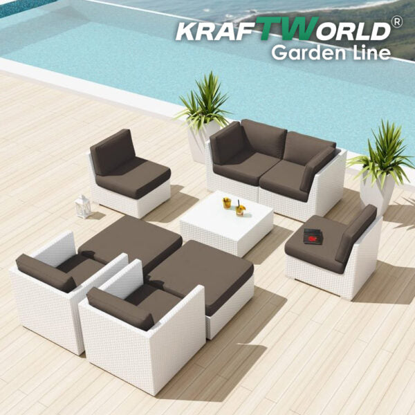 Градински комплект Ница: диван, 2 кресла с подлакътници, 2 без подлакътници, 2 табуретки и маса