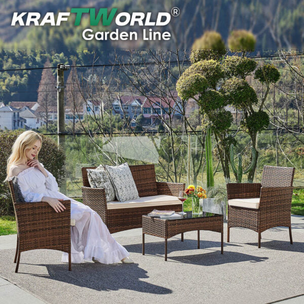 Луксозен Сет Градински Мебели – 2 кресла, диван и маса – Ратанов Комплект Kraftworld Garden